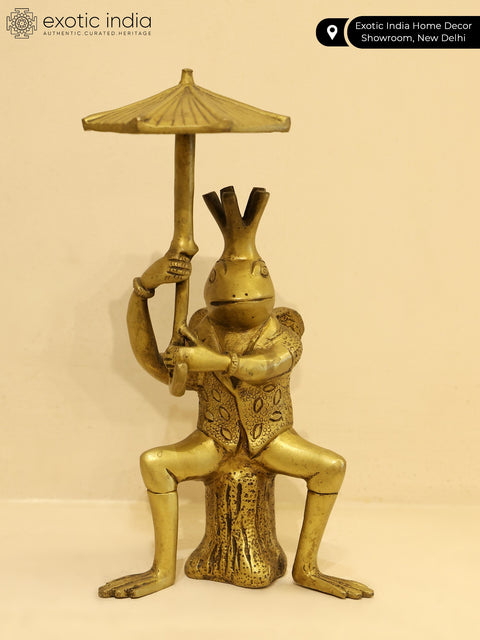 9" Brass Frog with Umbrella Figure