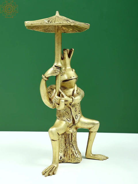 9" Brass Frog with Umbrella Figure