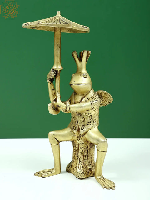 9" Brass Frog with Umbrella Figure
