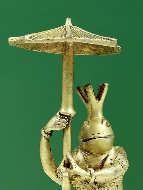 9" Brass Frog with Umbrella Figure