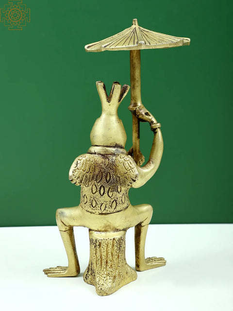 9" Brass Frog with Umbrella Figure