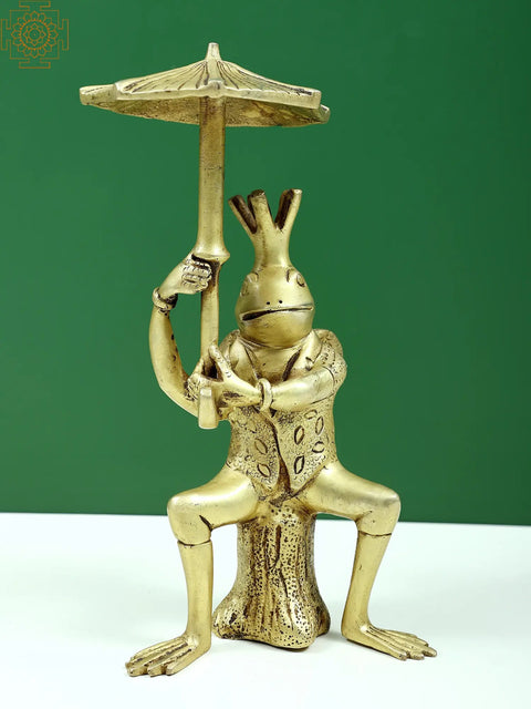 9" Brass Frog with Umbrella Figure