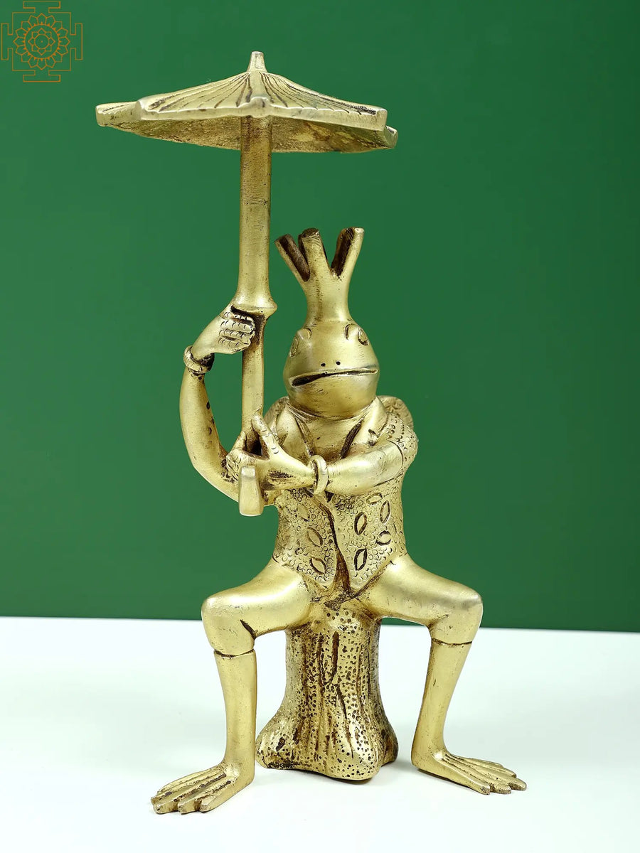 9" Brass Frog with Umbrella Handmade Statue