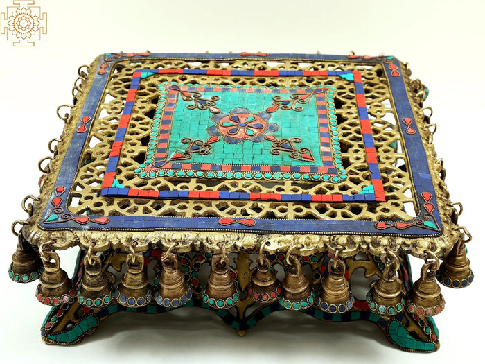 16" Brass Ghungroo Chowki with Inlay Work - Home Decor