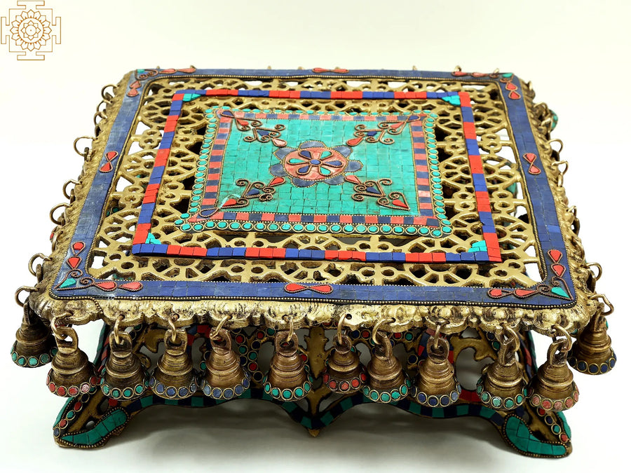 16" Brass Ghungroo Chowki with Inlay Work - Home Decor