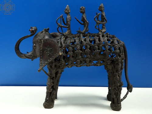 18" Brass Tribal Man Seated on Elephant Statue