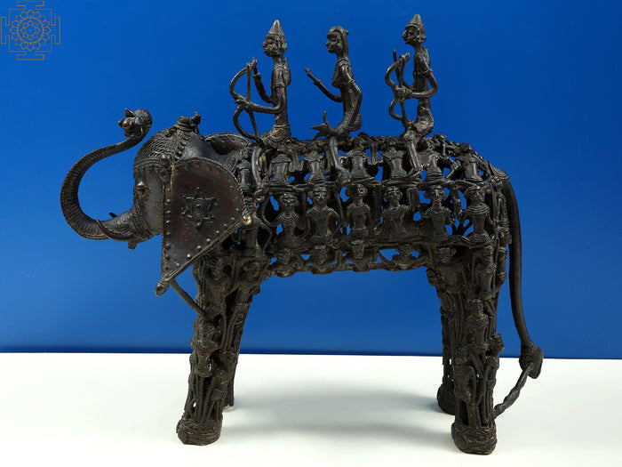 18" Brass Tribal Man Seated on Elephant Statue