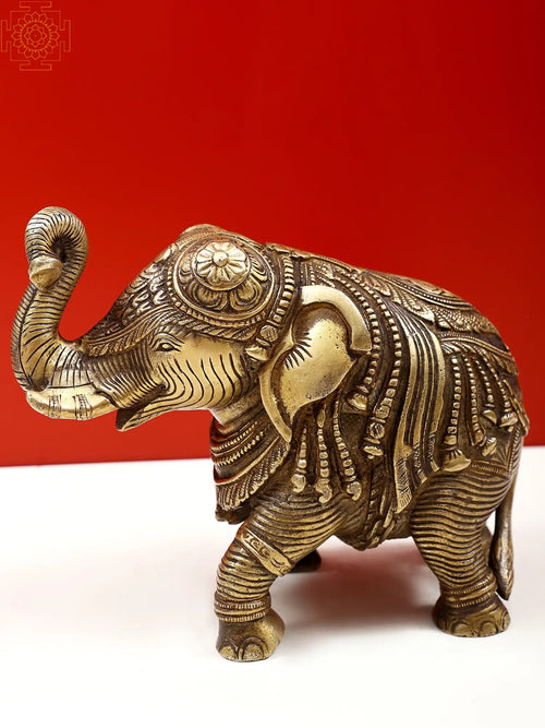 7" Brass Engraved Elephant Statue with Upraised Trunk