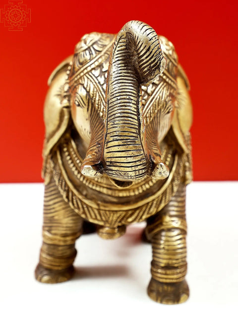 7" Brass Engraved Elephant Statue with Trunk Up