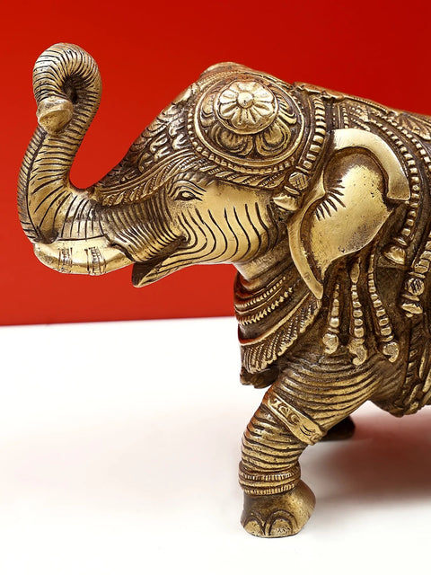 7" Brass Engraved Elephant Statue with Trunk Up