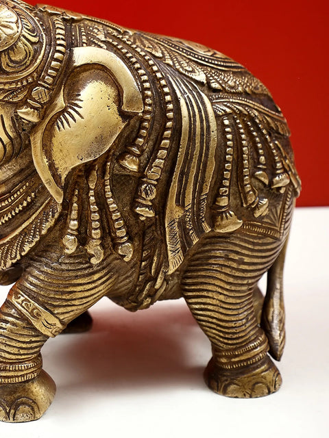 7" Brass Engraved Elephant Statue with Trunk Up