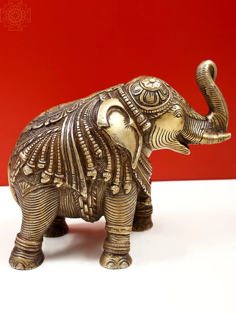7" Brass Engraved Elephant Statue with Trunk Up