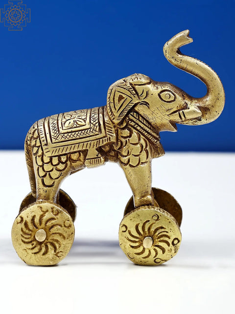3" Small Brass Elephant Figurine on Wheels