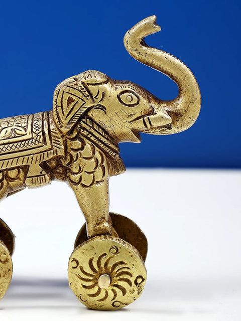 3" Small Brass Elephant Figurine on Wheels