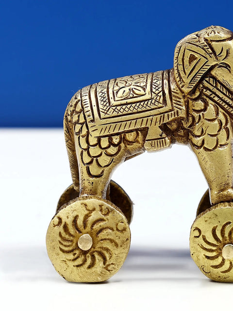 3" Small Brass Elephant Figurine on Wheels