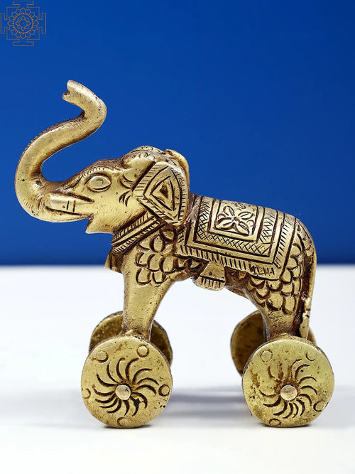 3" Small Brass Elephant Statue on Wheels