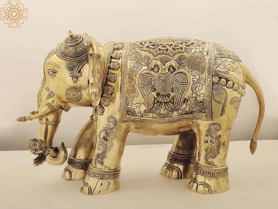 24" Brass Superfine Engraved Elephant Statue for Home Decor