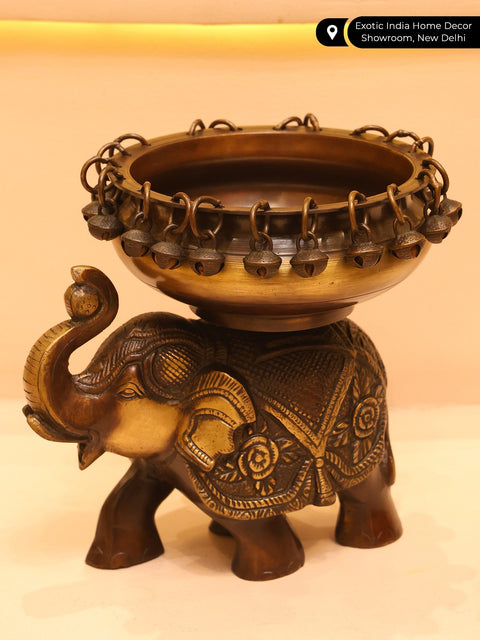 8" Brass Urli on Elephant with Ghungroo