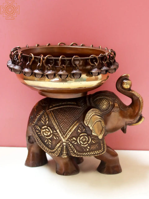 8" Brass Urli on Elephant with Ghungroo