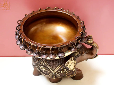 8" Brass Urli on Elephant with Ghungroo