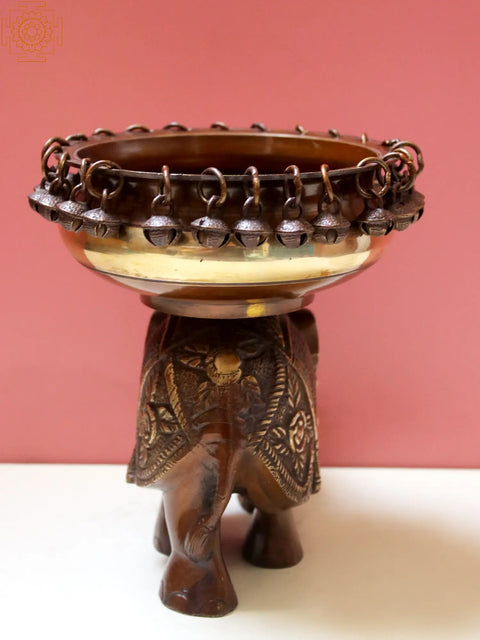 8" Brass Urli on Elephant with Ghungroo