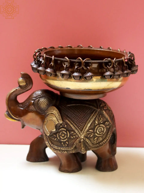 8" Brass Urli on Elephant with Ghungroo