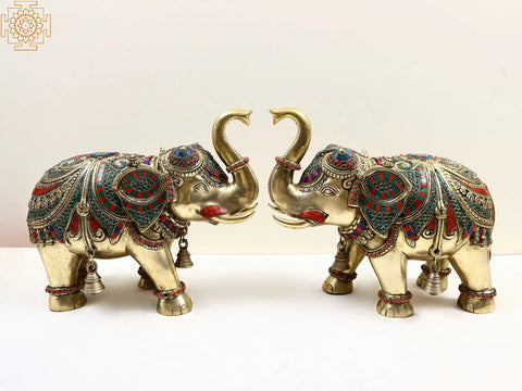 14" Brass Engraved Pair of Elephant with Inlay Work