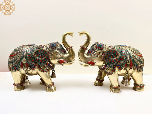 14" Brass Engraved Elephant Pair Statue with Inlay Work