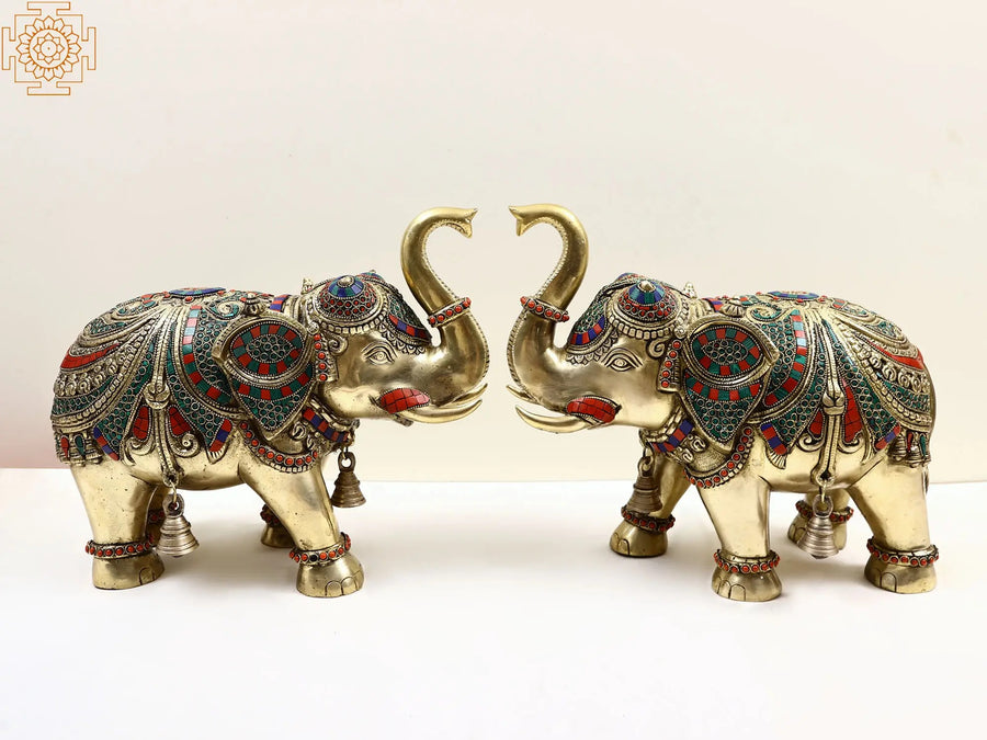14" Brass Engraved Elephant Pair Statue with Inlay Work