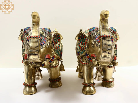 14" Brass Engraved Pair of Elephant with Inlay Work