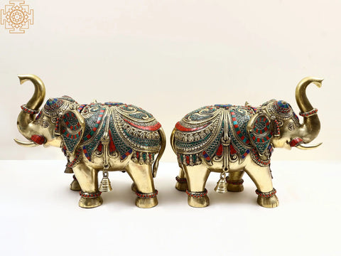 14" Brass Engraved Pair of Elephant with Inlay Work