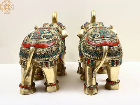 14" Brass Engraved Pair of Elephant with Inlay Work