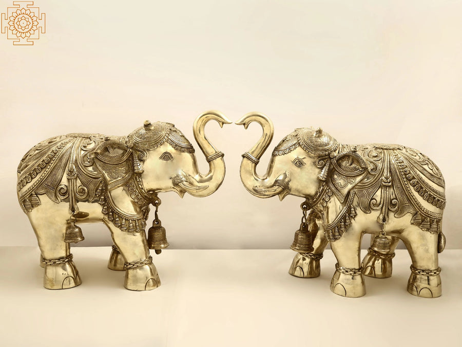 Superfine Brass Engraved Elephant Pair Statue