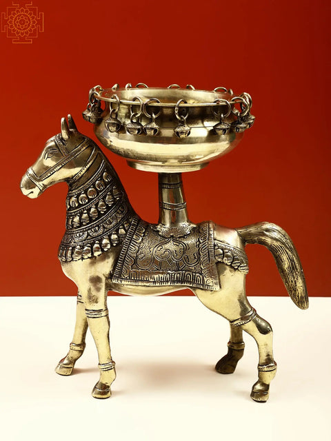 12" Brass Urli on Horse with Ghungroo