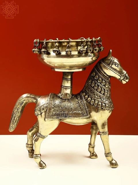 12" Brass Urli on Horse with Ghungroo