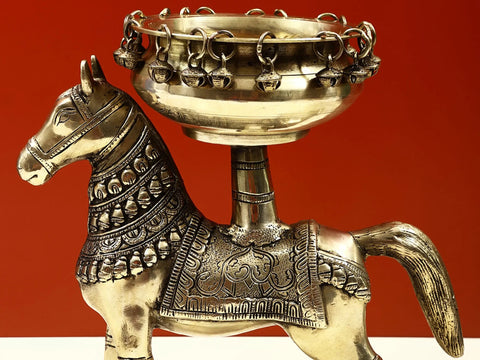 12" Brass Urli on Horse with Ghungroo