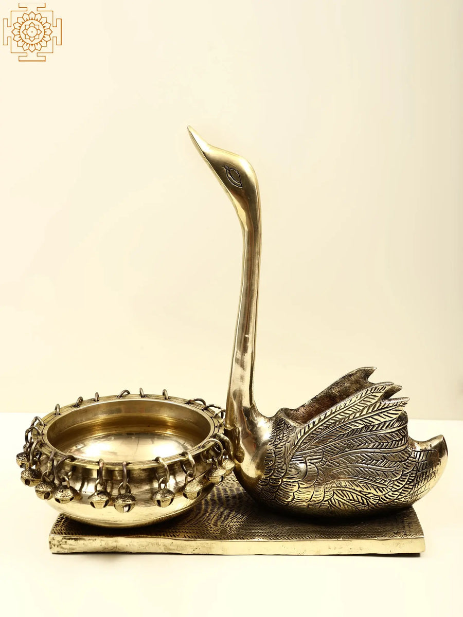 12" Brass Traditional Urli with Swan Home Decor Statue
