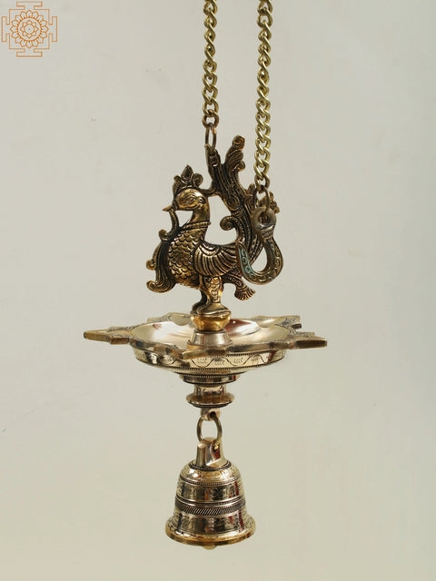 12" Brass Peacock Hanging Diya with Bell