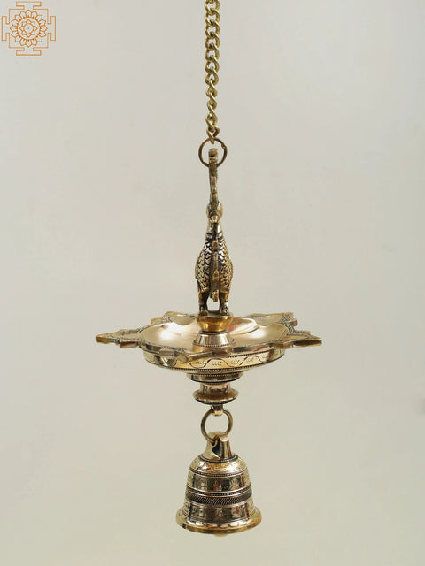 12" Brass Peacock Hanging Diya with Bell