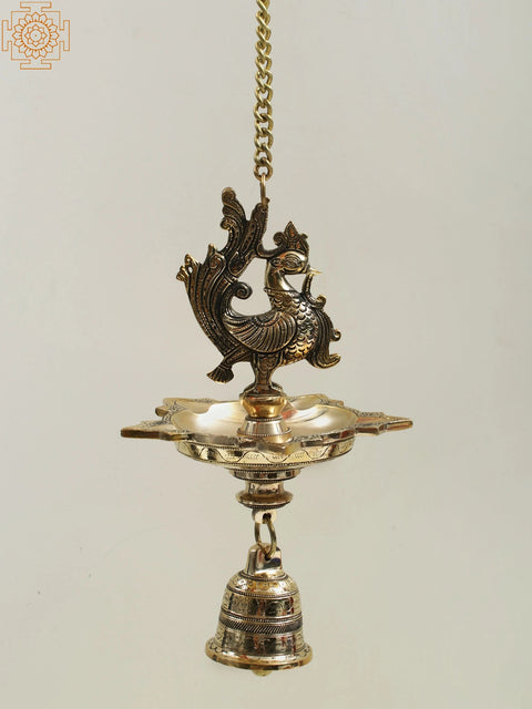 12" Brass Peacock Hanging Diya with Bell
