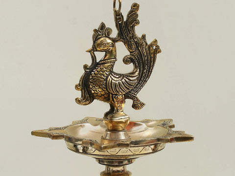 12" Brass Peacock Hanging Diya with Bell