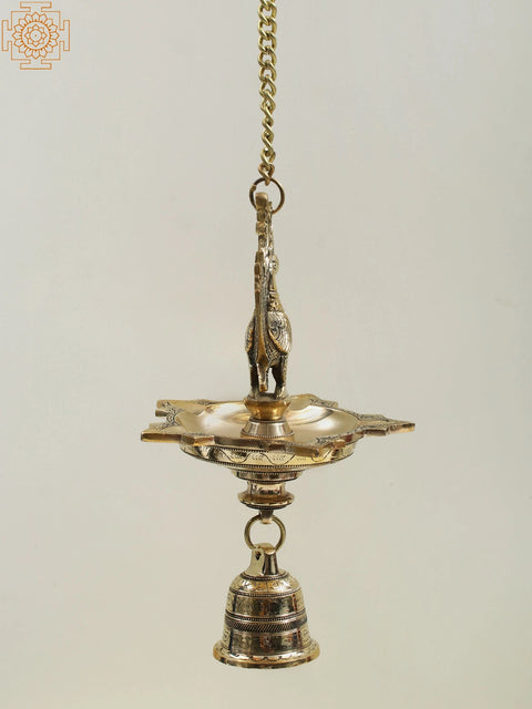 12" Brass Peacock Hanging Diya with Bell