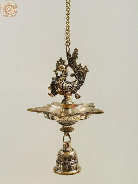 12" Brass Peacock Hanging Diya with Bell