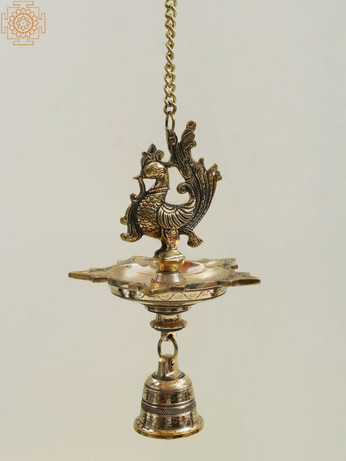 12" Brass Peacock Hanging Diya with Bell for Pooja