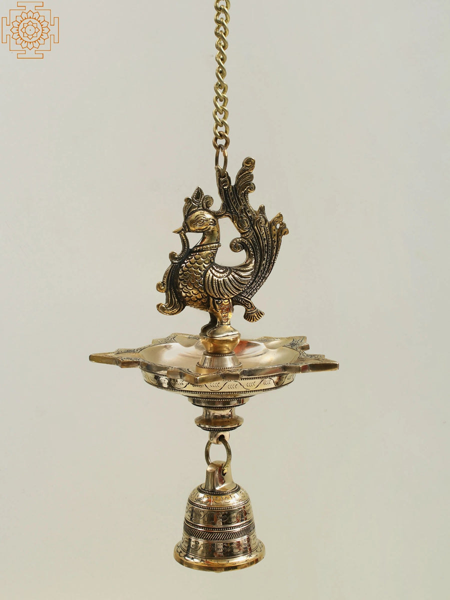 12" Brass Peacock Hanging Diya with Bell for Pooja