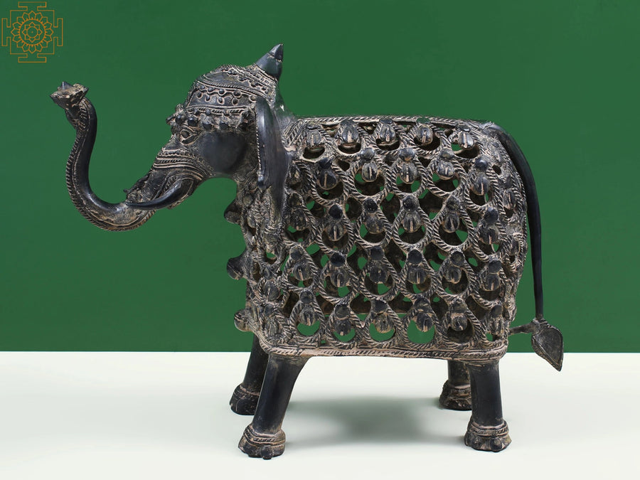13" Brass Elephant Figurine - Tribal Dhokra Art Statue