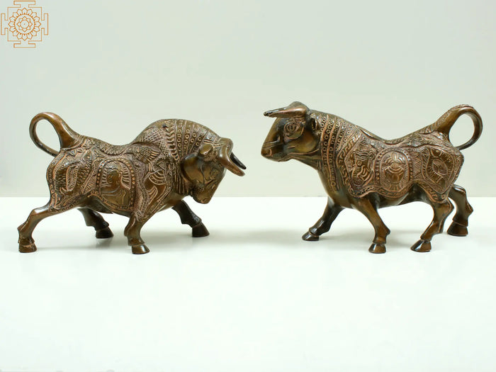 Brass Fighting Bull with Ganesha Carving