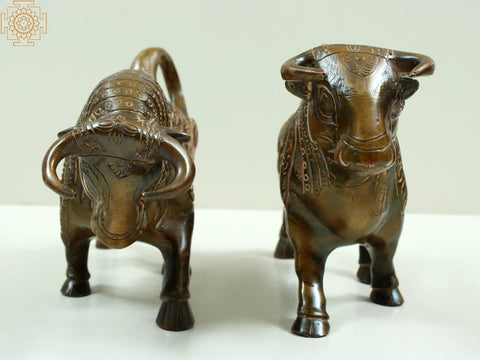 Brass Fighting Bull with Ganesha Carving