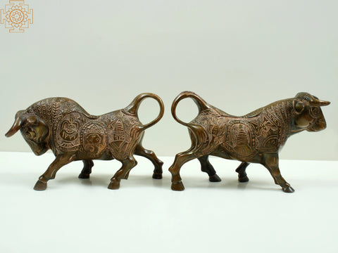 Brass Fighting Bull with Ganesha Carving