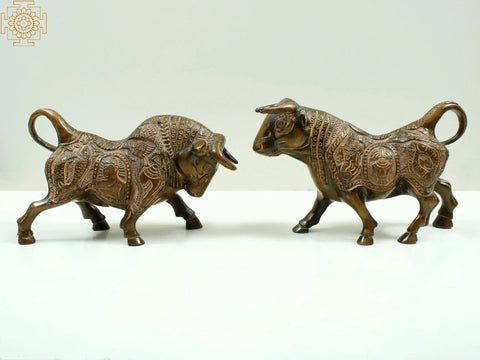 Brass Fighting Bull with Ganesha Carving